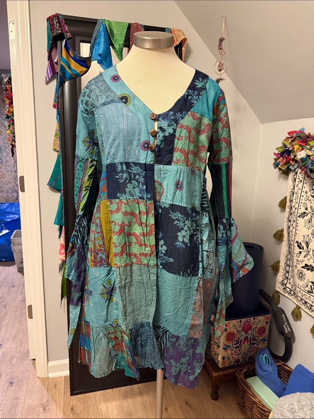 Boho Patchwork V-Neck Long Sleeve Jacket in Teal and Navy - Picture 2 of 9